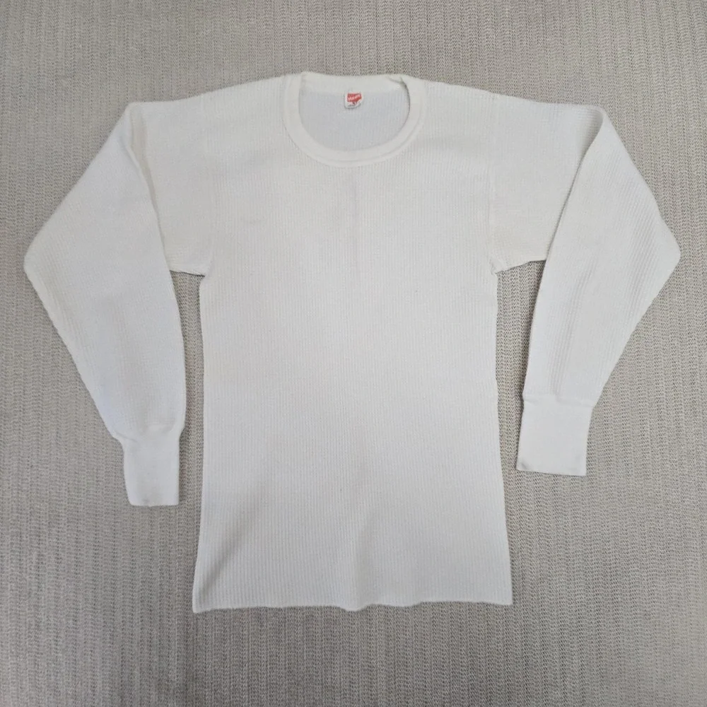 Vintage Hanes Shirt Mens Medium White Long Sleeve Thermal Undershirt USA